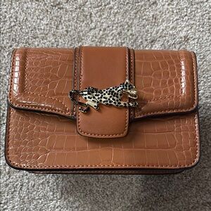 Brown Crocodile Embossed Bag with Leopard Accent